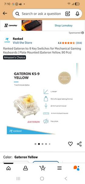 Gateron Ks9 Yellow 90 Ks-9 Yellow Keyboard Switches 90 Pack Linear Plate Mounted 3 Pins